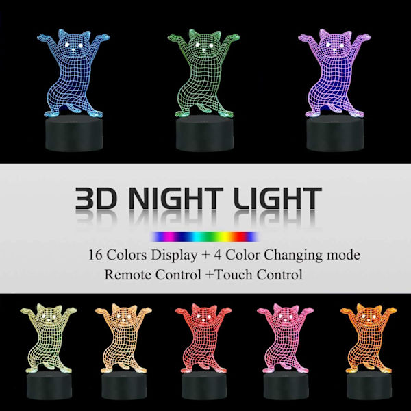 Dansekat 3D Illusion Sød Natlampe, 16 farver Chang