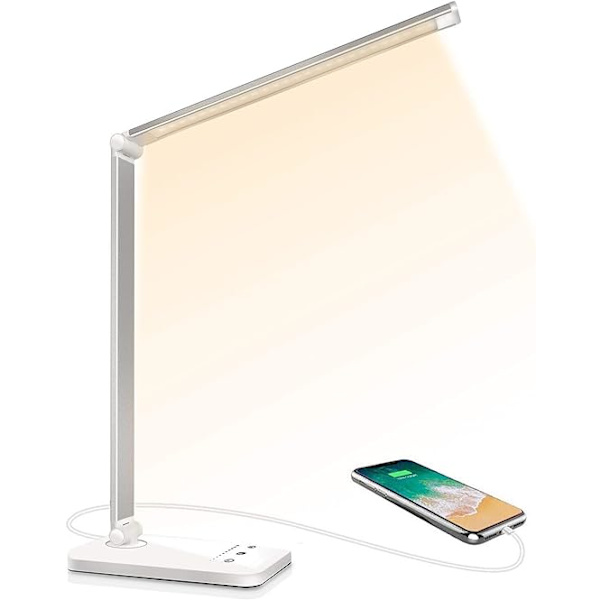 LED Bordlampe Dimbar Touch Control Øyebeskyttelse Med USB-port Sølv