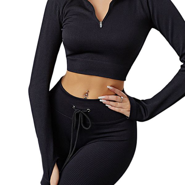Kvinnor Ribbade Leggings Sömlös Dragsko Yoga Sports Tights Black