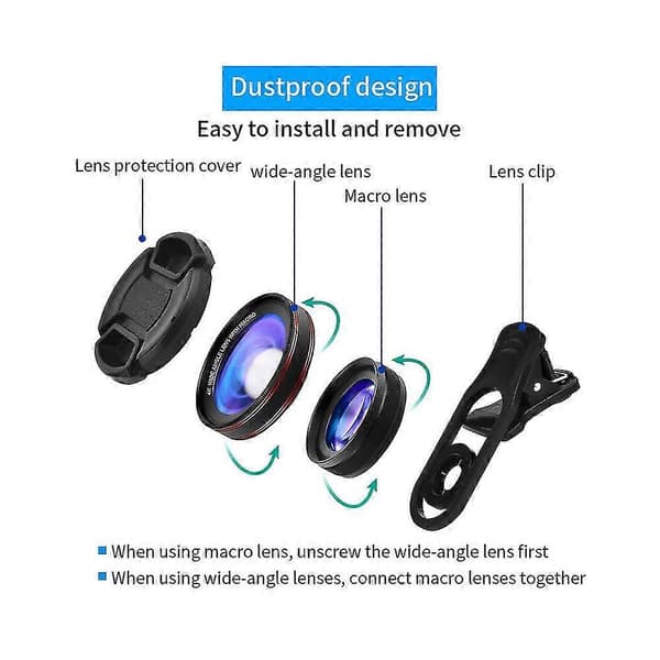 4k Vidvinkelobjektiv med Makro 15x Makroobjektiv Telefon Kameraobjektiv Makro LED Ringlys Ringblits For