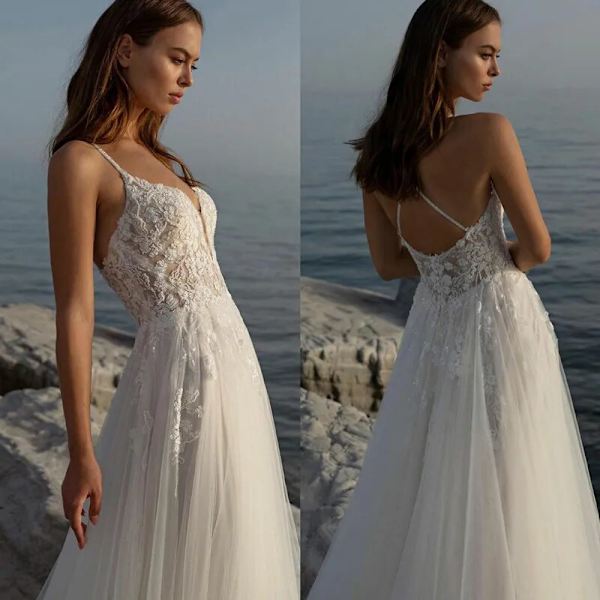 Sweetheart Spets Applikation Bröllopsklänning Spaghetti Armband Tyll Strandbrudklänning Ärmlös A-Line Sweep Train Robe De Mariée white 16W
