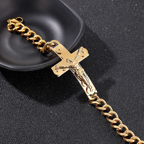Herre Jesus Kristus Krucifiks Kors Armbånd i Rustfrit Stål - Kantkæde - Poleret