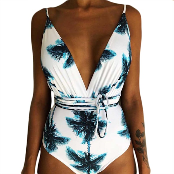 Kvinder V-hals Udskåret Bikini Multi-Way Bandage Monokini Boho Blomster Badedragt XL 2 2XL