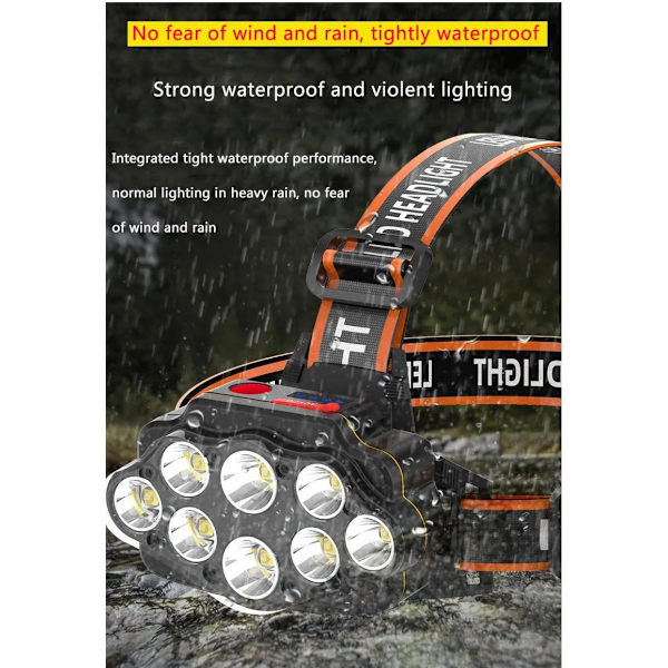 Tehokkain 8 LED-valokeila USB-ladattava valokeila High Cavity -valokeila 60 000 lumen Vedenkestävä päälamppu Valokeila