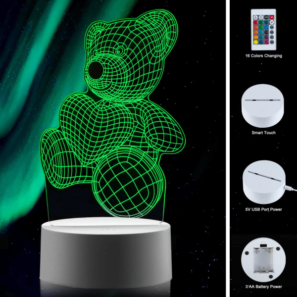 3D Night Light Nalle LED Illusion Lampa för barn och kärlek