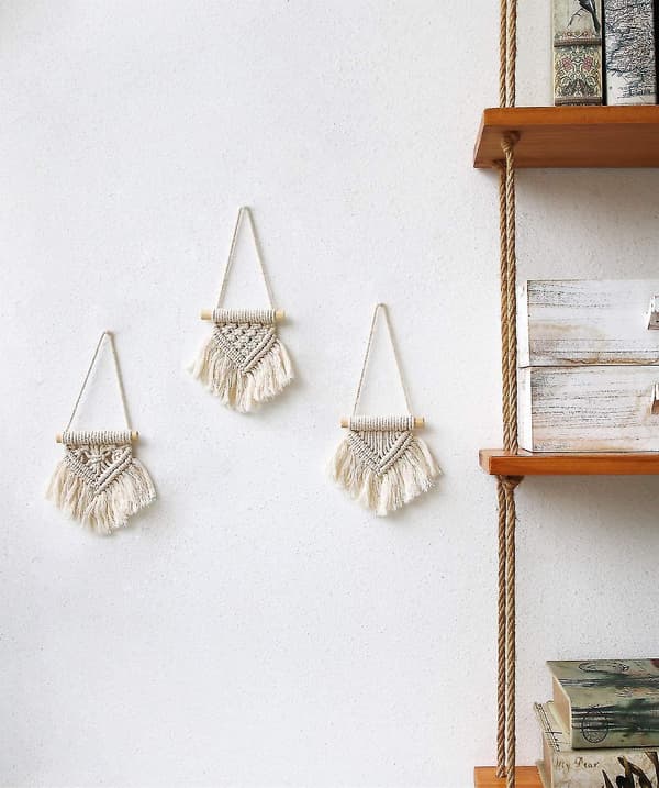 Mini Væghængende Sæt med 3 søde Macrame Holiday Ornaments Boho Art Vævet Dcor