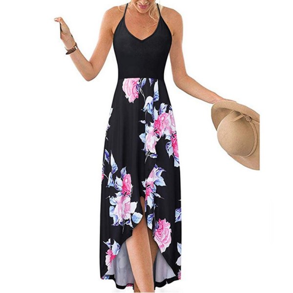 Klänning med rem i print Lång klänning Strandsolklänning Black Pink Flower S 2XL