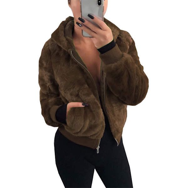 Höst Vinter Kvinnor Varm dragkedja Hooded Faux Deep grey M