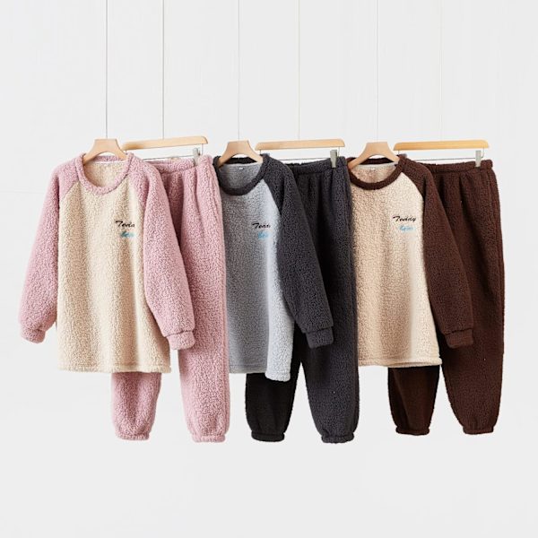Dam Fluffy Pyjamas Set Fleecetröja byxor Lös plysch