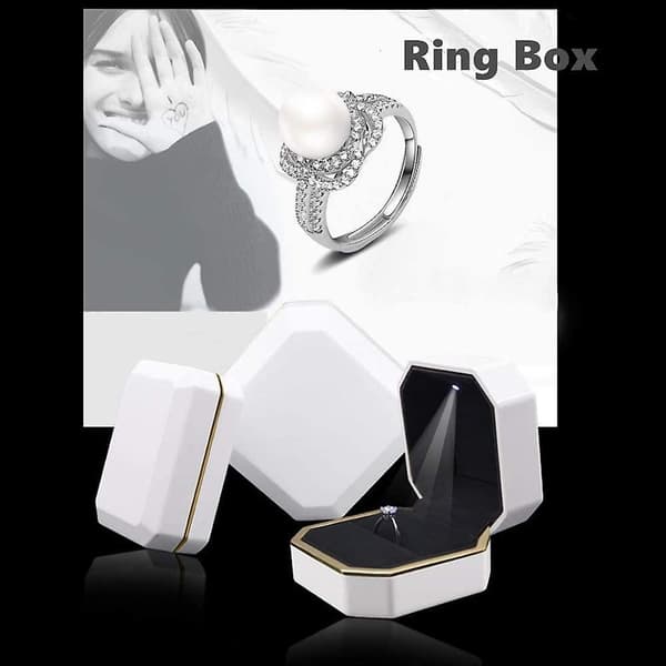 Ringboks med LED-lys, smykkeskrin, presentdisplay for bryllup, forlovelse, bryllup. (hvit)