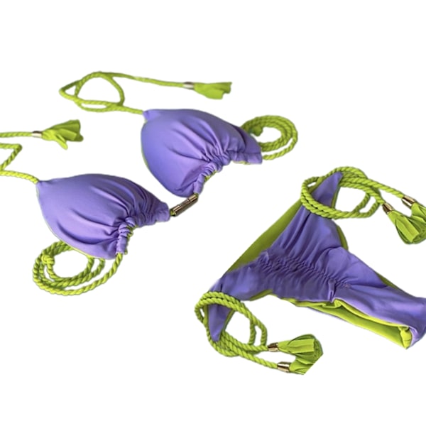 Naisten kaksiosainen setti, jossa narullinen uimapuku Kolmio-BH Toppi ja bikinin alaosa Seksikäs kolmio-bikiniuimapuku Lavender L
