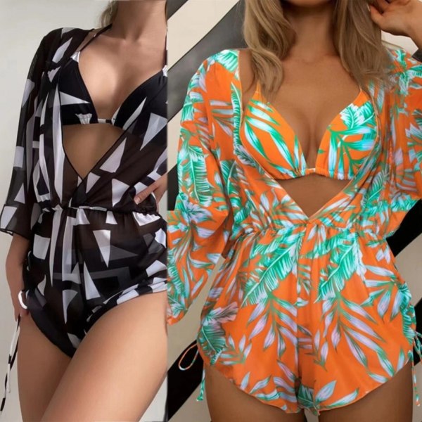 Halter set för kvinnor med cover Sexig spetsad baddräkt Mode med print Baddräkt Romper 3 delar Badkläder Black L