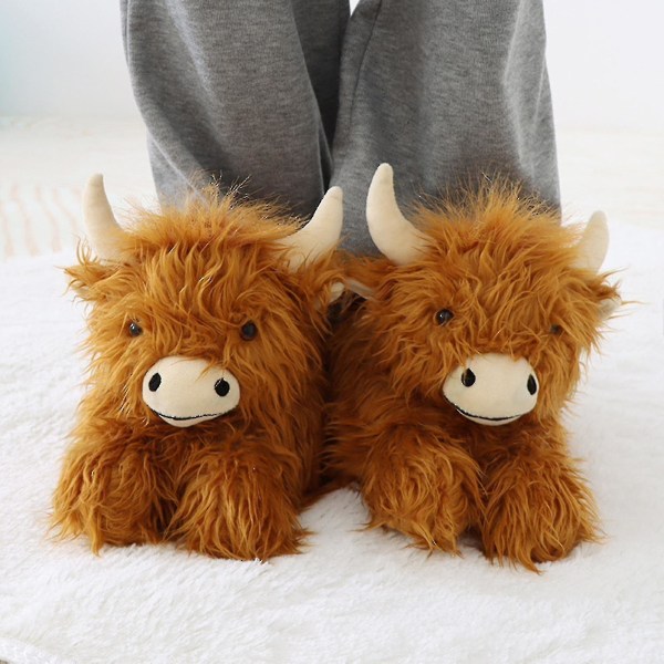 Highland Cow tofflor, plysch skotska ko tofflor, mjuka varma djur tofflor hem inomhus tofflor