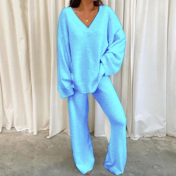 Tvådelad klädsel med bred ben för damer Polar Fleece V-hals Lounge Set Light Blue XL