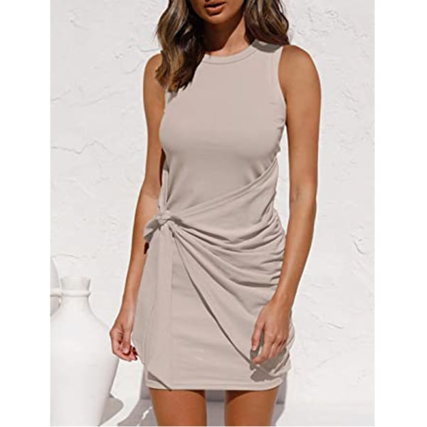 2023 Dame sommer Casual Ermeløs Strandtankkjole Bodycon Rynket Minikjoler Apricot XL