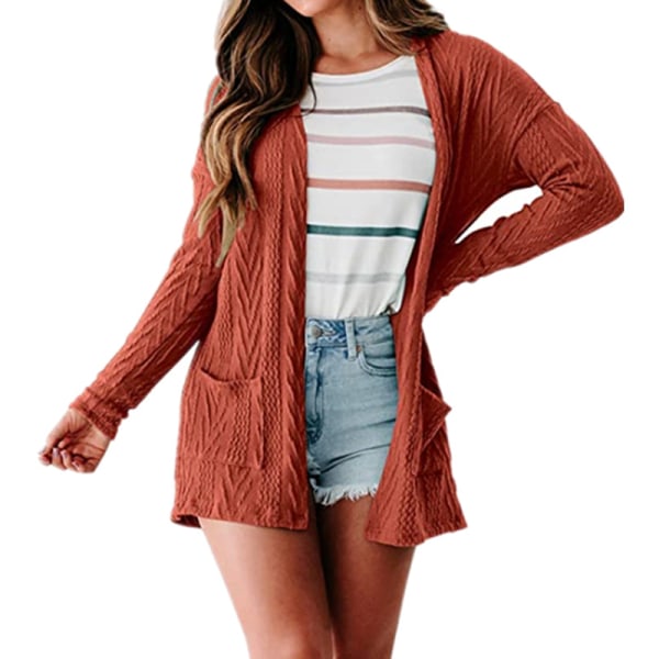 Dame Cardigan i ensfarvet med åben front Caramel M