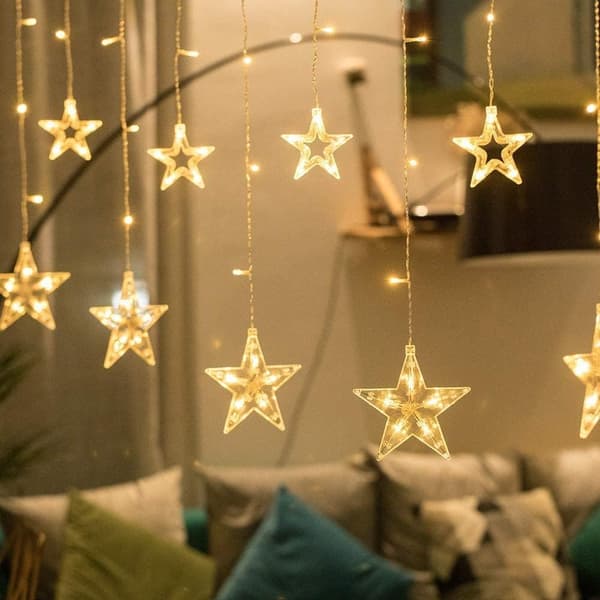 Fjernstyrte Star Curtain Lights - 138 LEDs Julevindu Gardinlys - 8 moduser