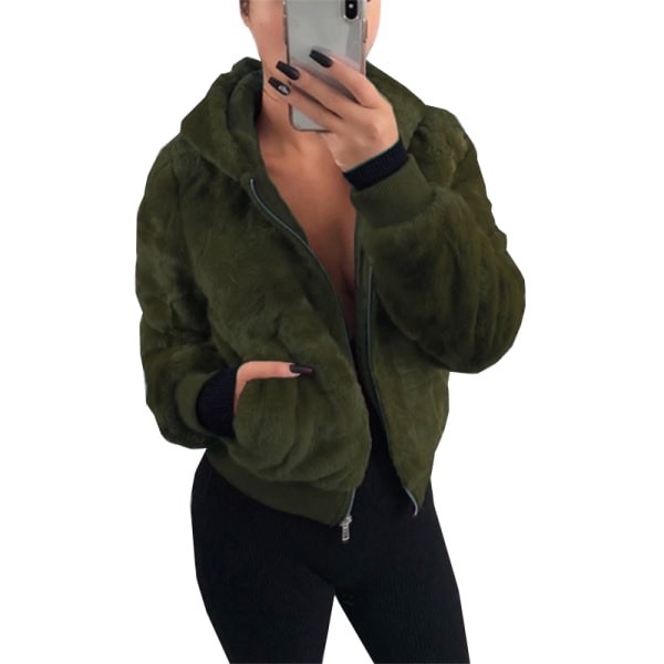 Höst Vinter Kvinnor Varm dragkedja Hooded Faux Army Green L