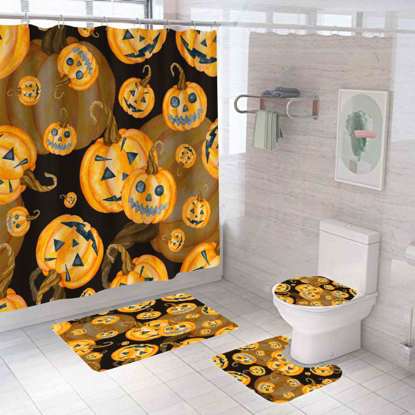 Pumpa Halloween duschdraperier, generiska 71 tum x 71 tum halloween set - duschdraperi med mattor, cover till toaletten, badkar Ma