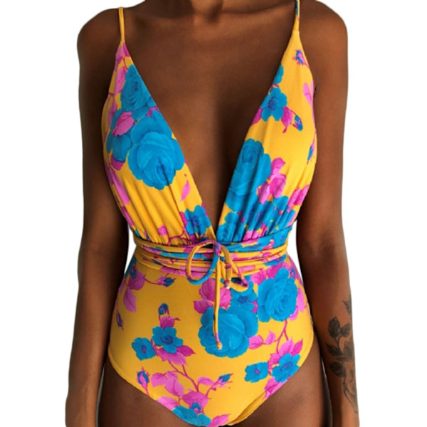 Kvinder V-hals Udskåret Bikini Multi-Way Bandage Monokini Boho Blomster Badedragt 8 L