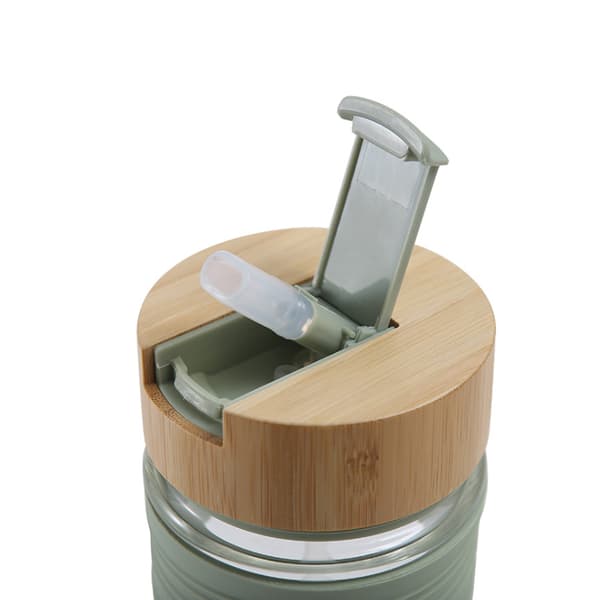 Silikonhylsa enkellager glas bambu cover dubbel drickskopp bil portabelt flip lock halmkopp Green