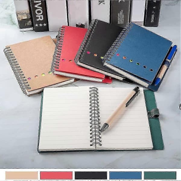 3 pakker spiralnotesblokke, steno-blokke med linjeret notesblok med pen i holder, sticky notes, sidemarkørfarve