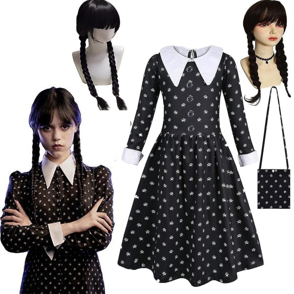 Onsdag Addams pigeparyk, paryk, taske, kostume Karneval Halloween rollespil