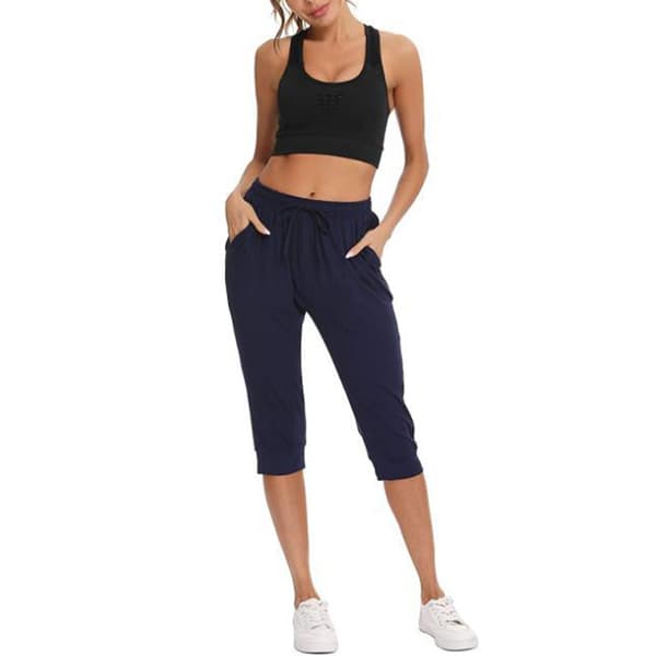 Dam Capri Byxor Elastisk midja Enfärgad Yoga bomull Byxor Navy Blue M