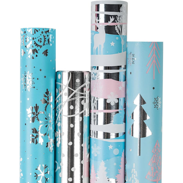 Julklappspapper - himmelsblå renar, snöflinga, silverprick