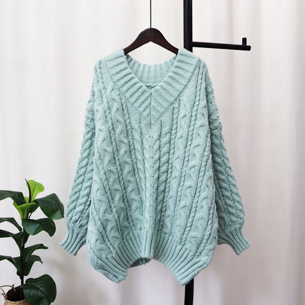 Dame Strikket Efterår Vinter Trøje Fortykket V-hals Twist Pullover Løs Blød Top Green Average size