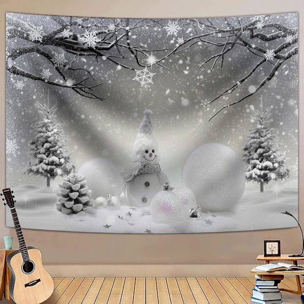 Vinter jul Snögubbe Gobeläng Vägghängande snöiga träd Julkulor Xmas