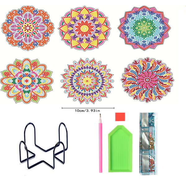 Pakke med 6 Mandala Blomst Diamantmalte Coasters