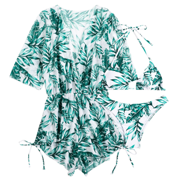 Halter set för kvinnor med cover Sexig spetsad baddräkt ode med print Baddräkt Romper 3 delar Badkläder Green M