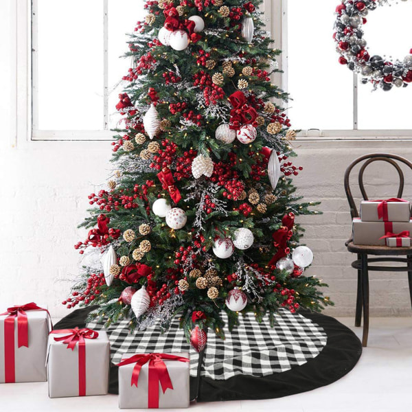 Julgranskjol, svart rutig trädkjol litet förkläde trädbotten 120cm trädkjol dekoration