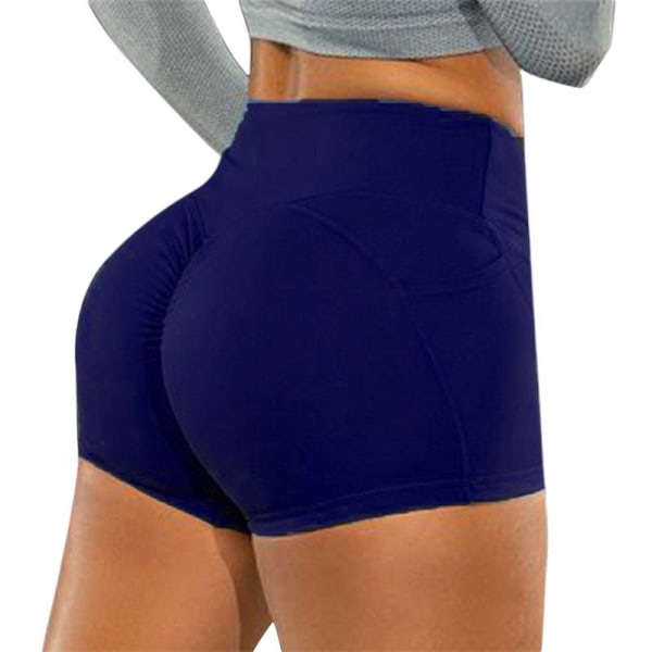 Yogashorts med hög midja för kvinnor Sport Stretch Hot Pants Fickor Navy Blue,XL