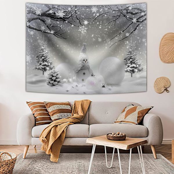 Vinter jul Snögubbe Gobeläng Vägghängande snöiga träd Julkulor Xmas