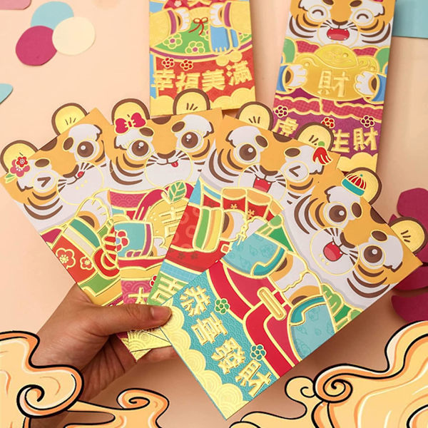 Kinesiska röda kuvert Hongbao 6 st Lucky Money Kuvert, Röd Pocket Tecknad Tiger Mönster Fickkuvert för nyår Bröllop A Large