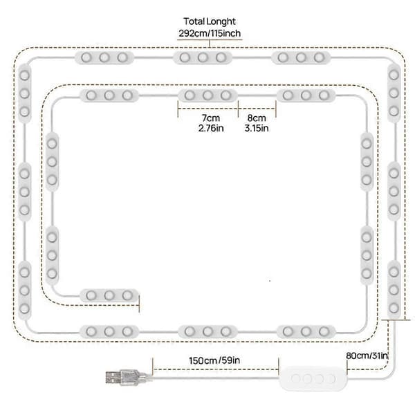LED-spejllamper til spejl, lamper til makeup-spejl, 20x3 LED USB 5V 3-farvede spejllamper, spejl medfølger ikke