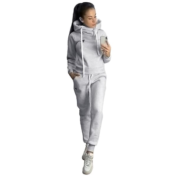 Kvinnors höst och vinter varm huva topp + byxor passar sportkläder Light Grey S
