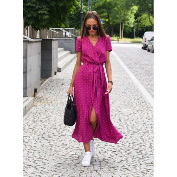 Summer New V-Neck Print Lace Up Dress ia L purple l