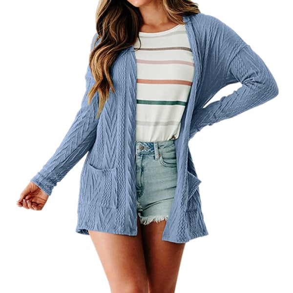 Damegenser i ensfarget cardigan med åpen frontkappe Light Blue L