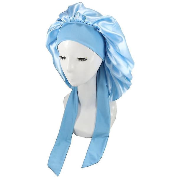 Silk Bonnet Satin Bonnet For Sleeping Bonnet With Tie Band Night Cap sky blue
