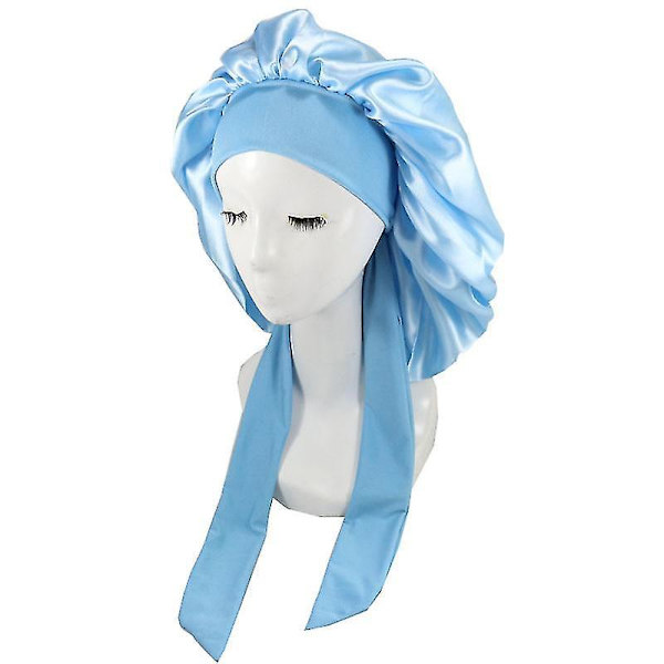 Silke Bonnet Satin Bonnet Til Søvn Bonnet Med Bånd Nat Hætte sky blue