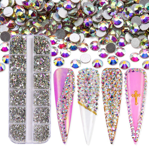 3600 st Nail Art för Rhinestone AB Rhinestones Beads Nail Gems Rundformade Flatback Gems Stones Dubbar 6 storlekar med låda Bright gold