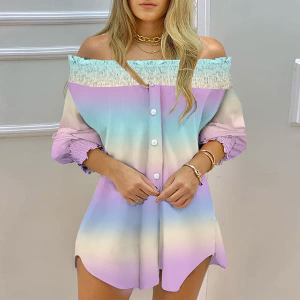 Damskjorta med randigt print Dam långärmad blus off Shoulder Pattern 2 L