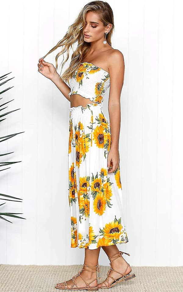 Blomstrete bluse for kvinner, Maxiskjørt kostymekjole Sunflower Large