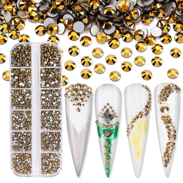 3600 st Nail Art för Rhinestone AB Rhinestones Beads Nail Gems Rundformade Flatback Gems Stones Dubbar 6 storlekar med låda Bright gold