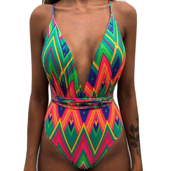 Kvinnor V-ringad One Piece Bikini Multi-Way Bandage Monokini Boho Floral Baddräkt 4 S