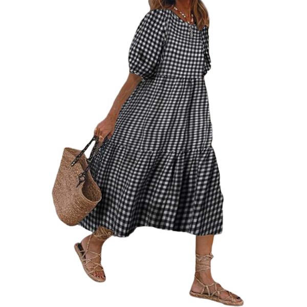 Dame sommerplaid Puffy kortærmet midikjole Black,M