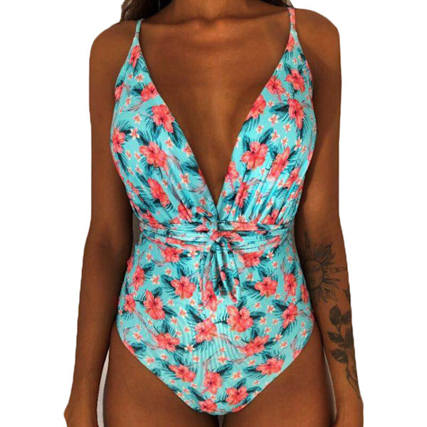 Kvinder V-hals Udskåret Bikini Multi-Way Bandage Monokini Boho Blomster Badedragt 7 2XL